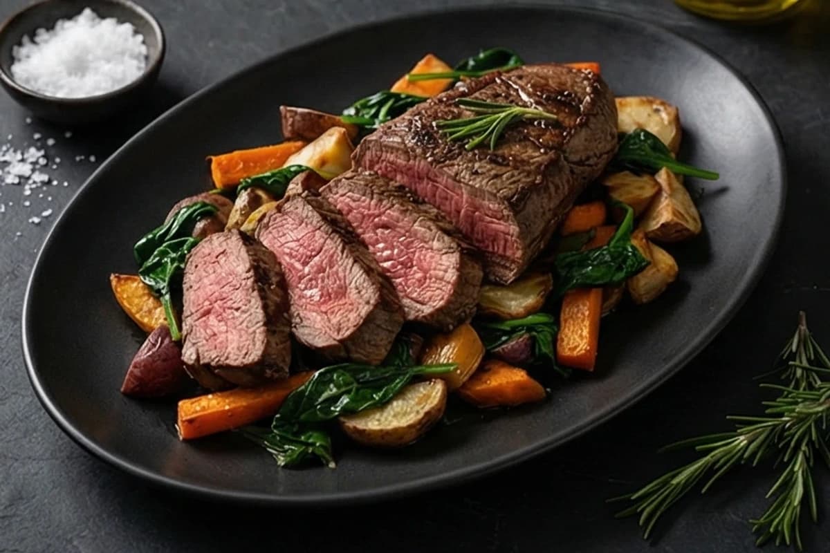Plated high-protein meal with steak and vegetables representing nutrition coaching